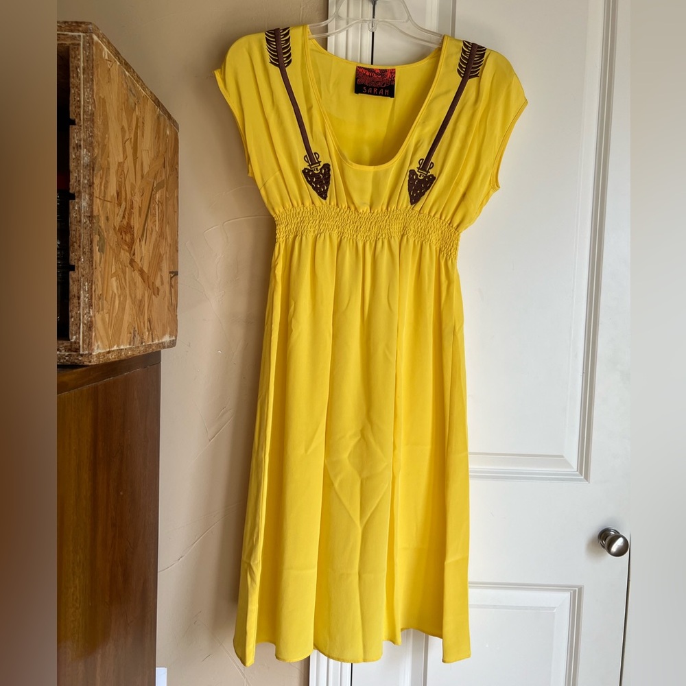 Yellow, Silk Dress with Brown Embroidered Arrows